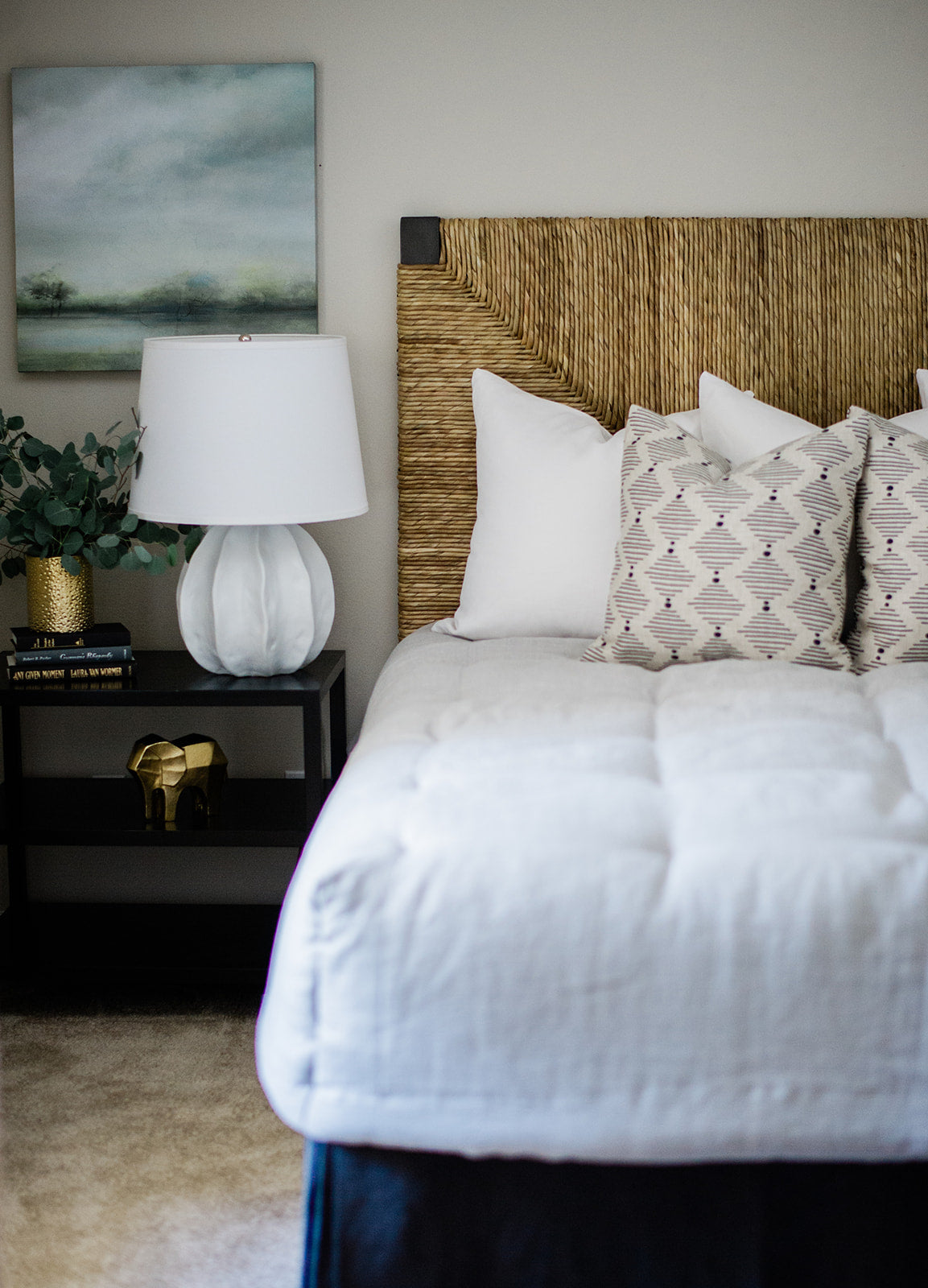 seagrass bed with hinkley pillows from greige textiles hand drawn design hand printed in southern california greige design 