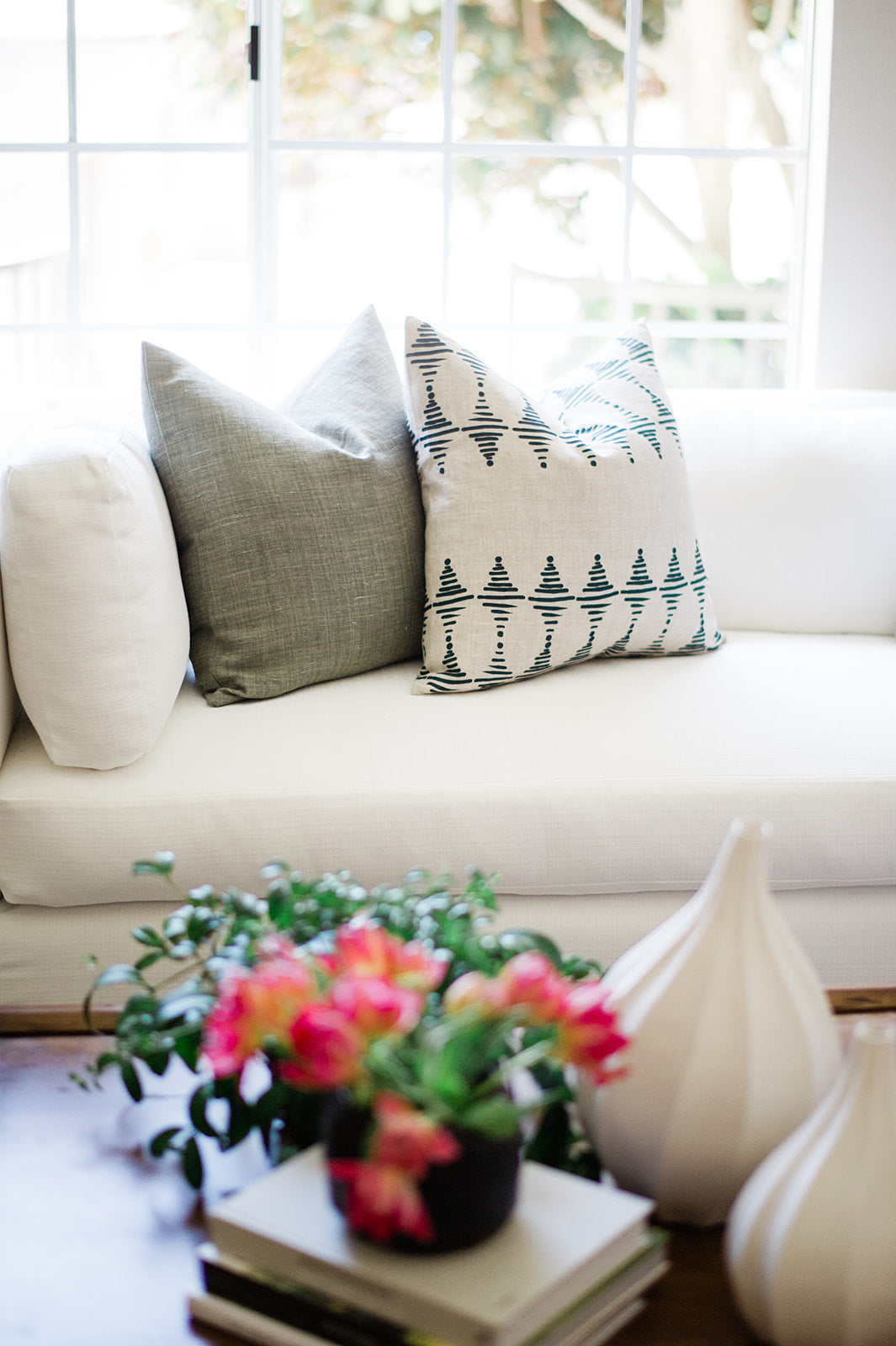 stacked pillows greige textiles hand drawn design hand printed in southern california greige design living room dana point california