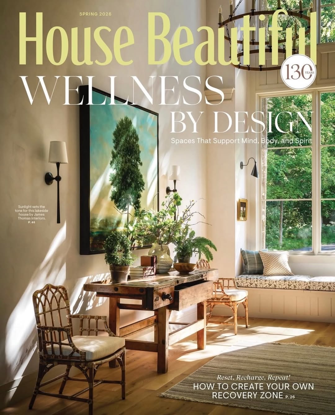 greige textiles Eliza on the bench of cover shot of house beautiful design by James Thomas