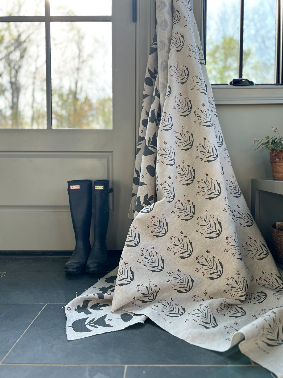 Greige textiles Paige and Capri in azure and Pomm on Oatmeal drapery fabric to the interior design trade. 