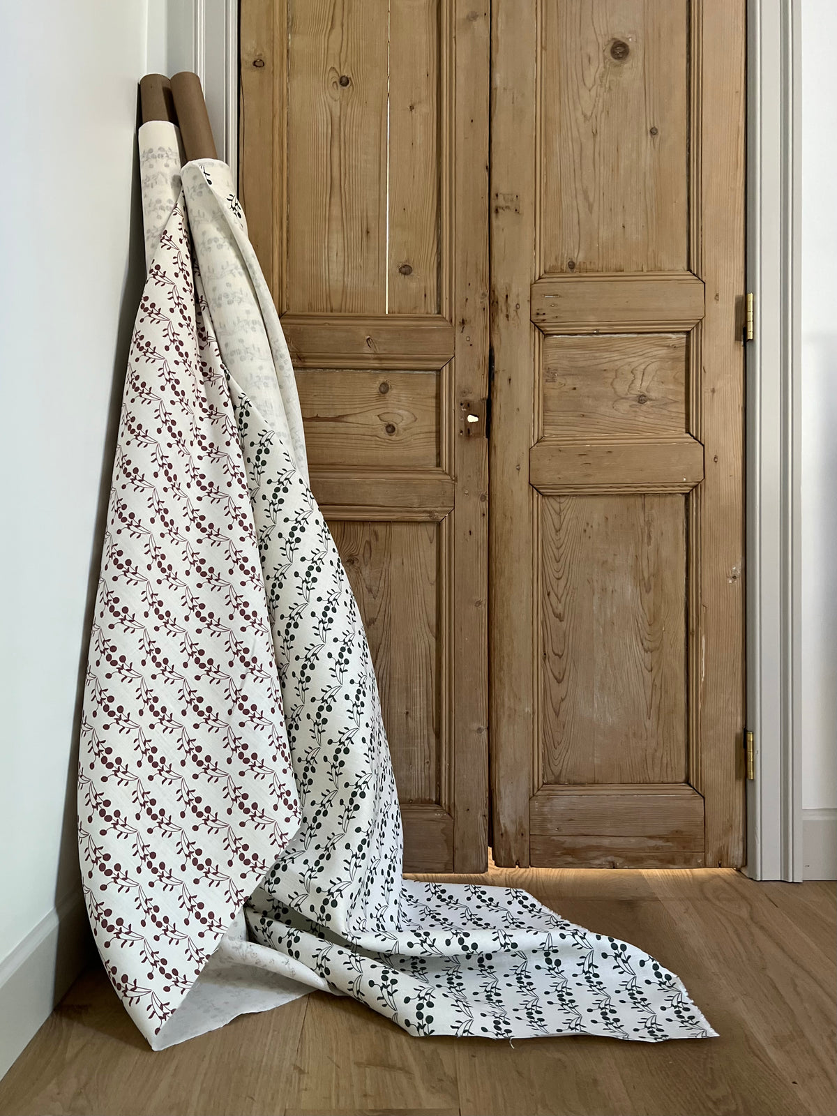 Bernadette by Greige Textiles — a hand-printed botanical fabric inspired by a fruit tree, perfect for drapery, pillows, and light upholstery in serene, nature-infused interiors.