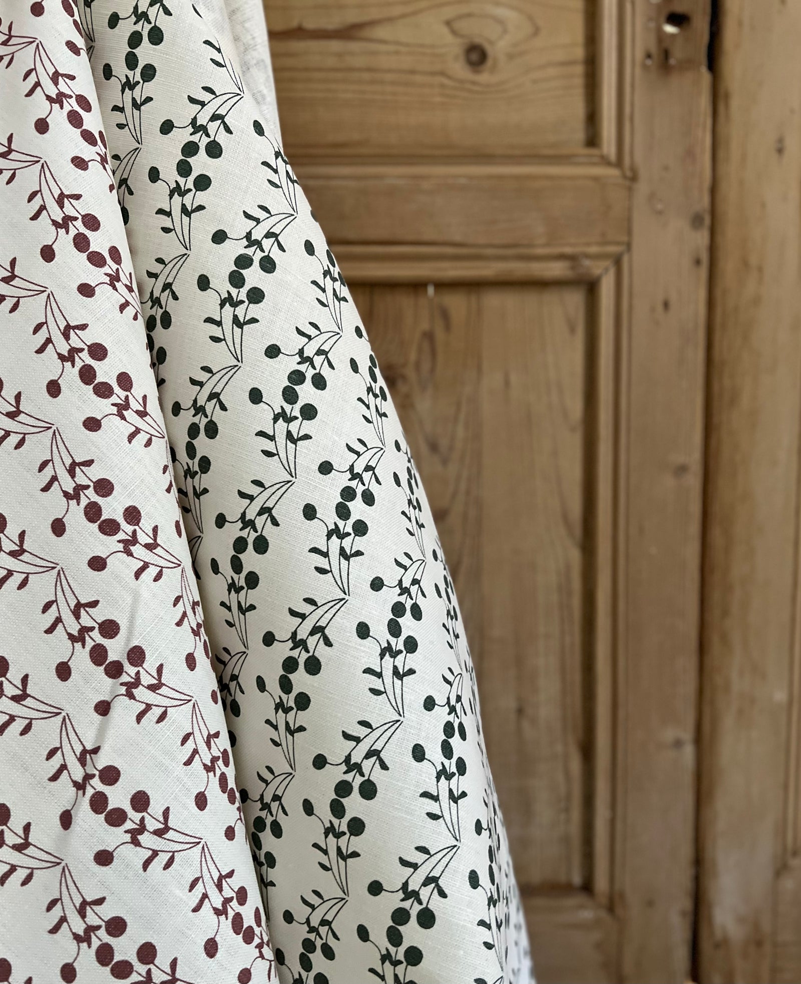Bernadette by Greige Textiles — a hand-printed botanical fabric inspired by a fruit tree, perfect for drapery, pillows, and light upholstery in serene, nature-infused interiors.