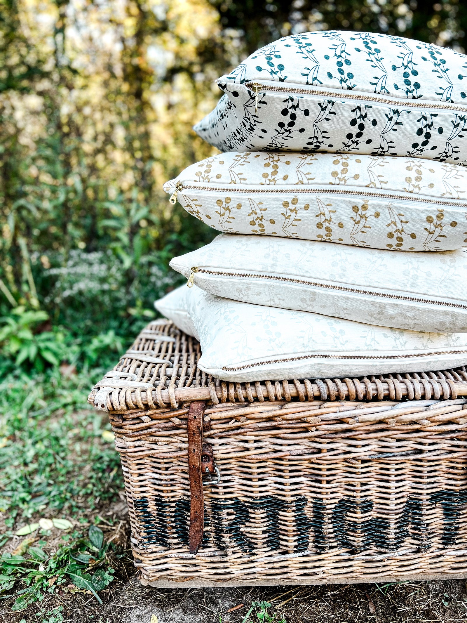 Hand-printed Bernadette textile — a soft, fruit-inspired botanical pattern suited for use in custom drapery, pillows, and residential upholstery.