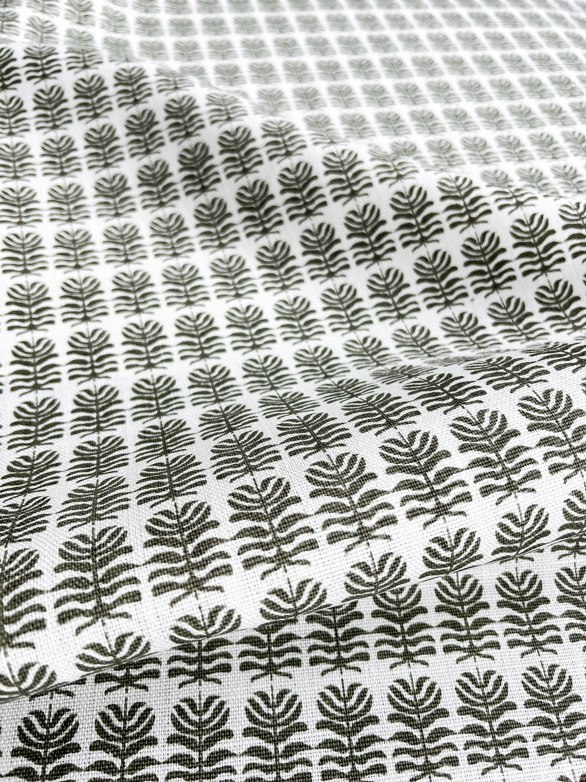 Clara floral print by Greige Textiles — combining timeless botanical motifs with soft cottage heritage charm, artisan printed on linen. Olive on Oyster