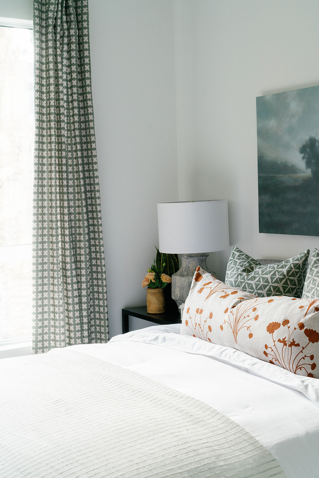 greige textiles Felix in wedgewood on Oatmeal drapery with Amelie and Tuile pillows