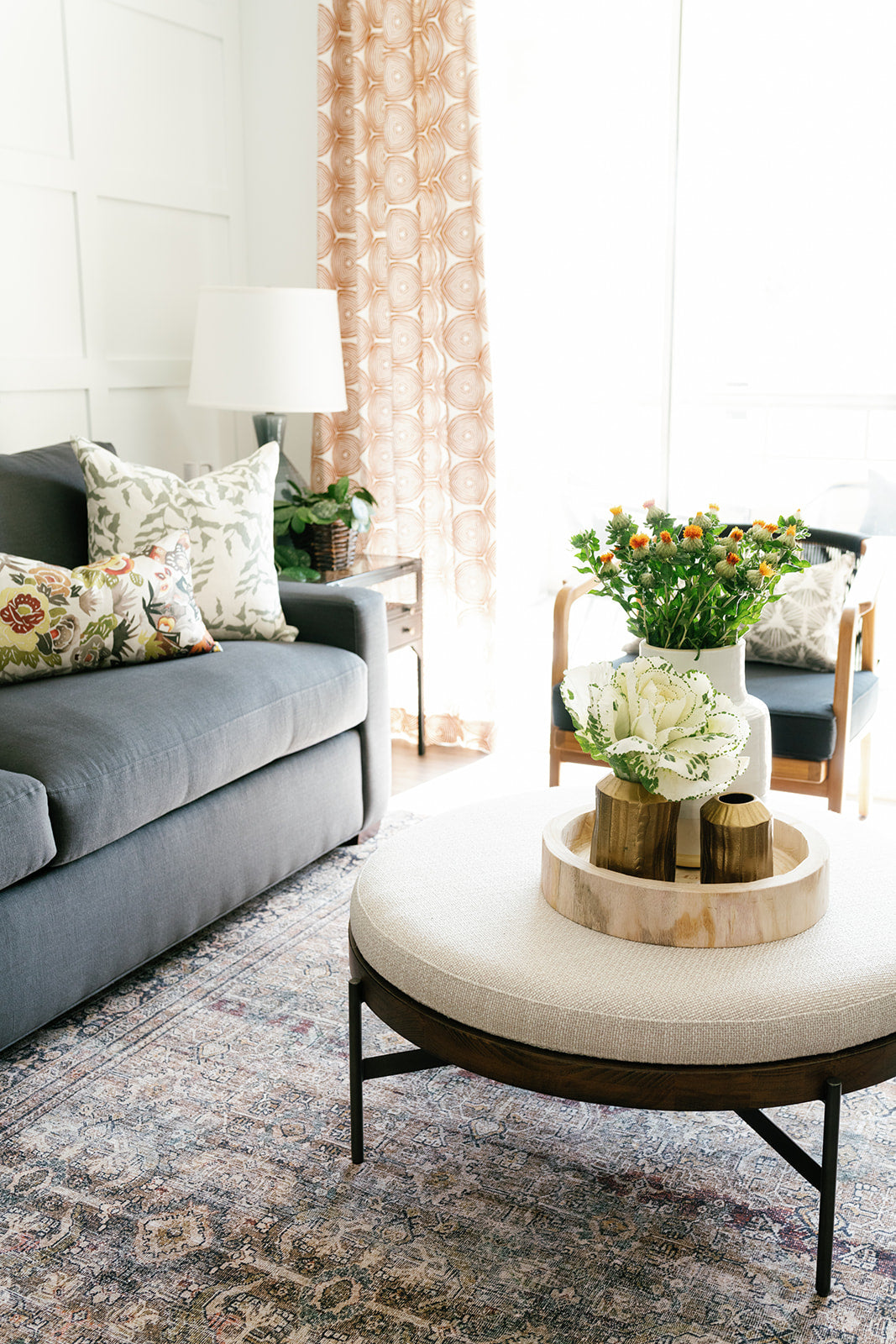 greige textiles hand screen printed on Belgian linen in California interior design fabric to the trade Amelie burnt orange on Oatmeal Belgian linen burnt orange earth tones orange warm colors earthy interiors fall colors neutral interiors pillow styling