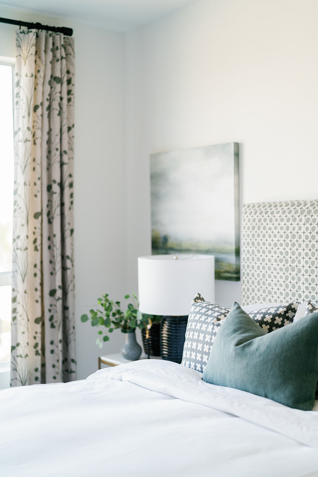 floral pattern green fabric gray fabric coastal design southern designer pattern decor creative interiors greige textiles hand screen printed on Belgian linen in California interior design fabric to the trade