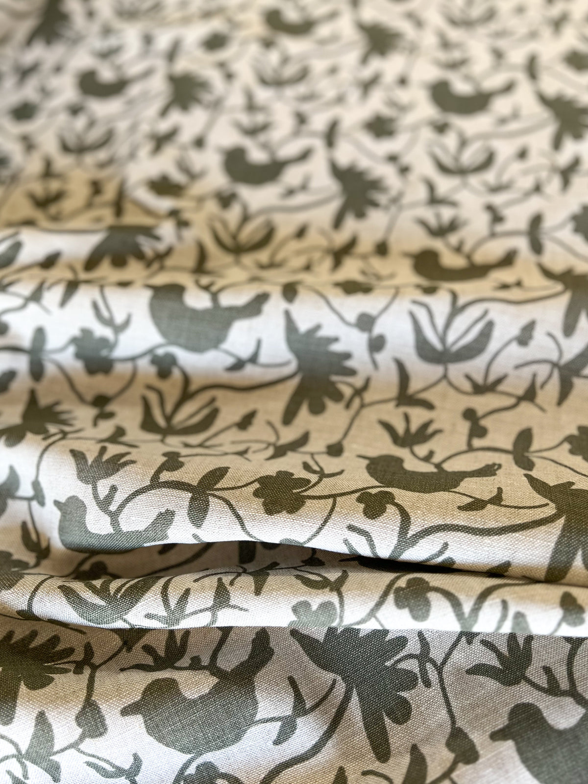 Eliza botanical pattern with birds — a painterly, nature-inspired textile designed for pillows, drapery, and upholstery.