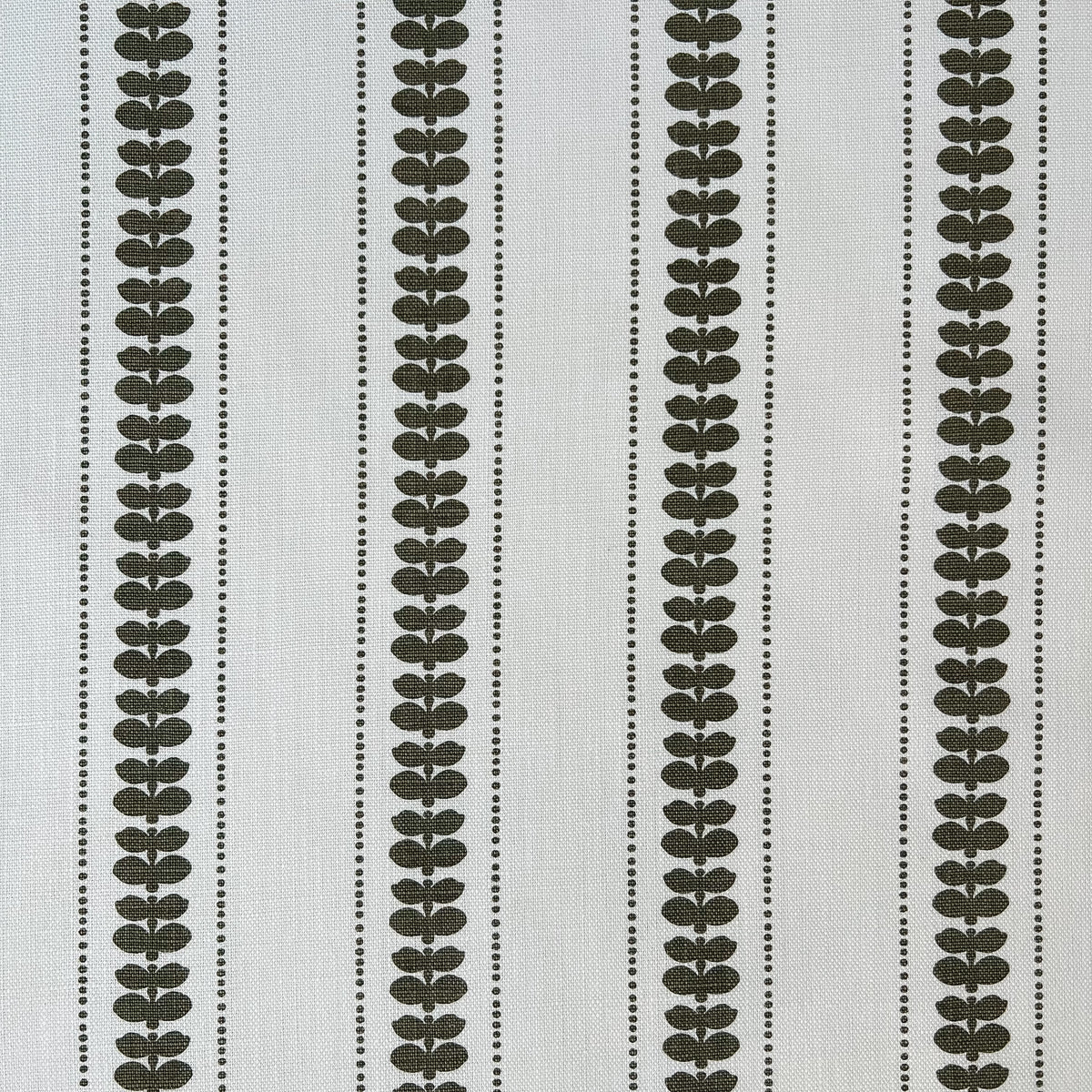 Artisan screen-printed linen with Elodie’s floral stripe design — delicate botanical elements arranged in a subtle, repeating rhythm. olive green on oyster. Hand-printed by artisans, Greige Textiles&#39; fabrics and wallpapers add a refined touch to any interior.