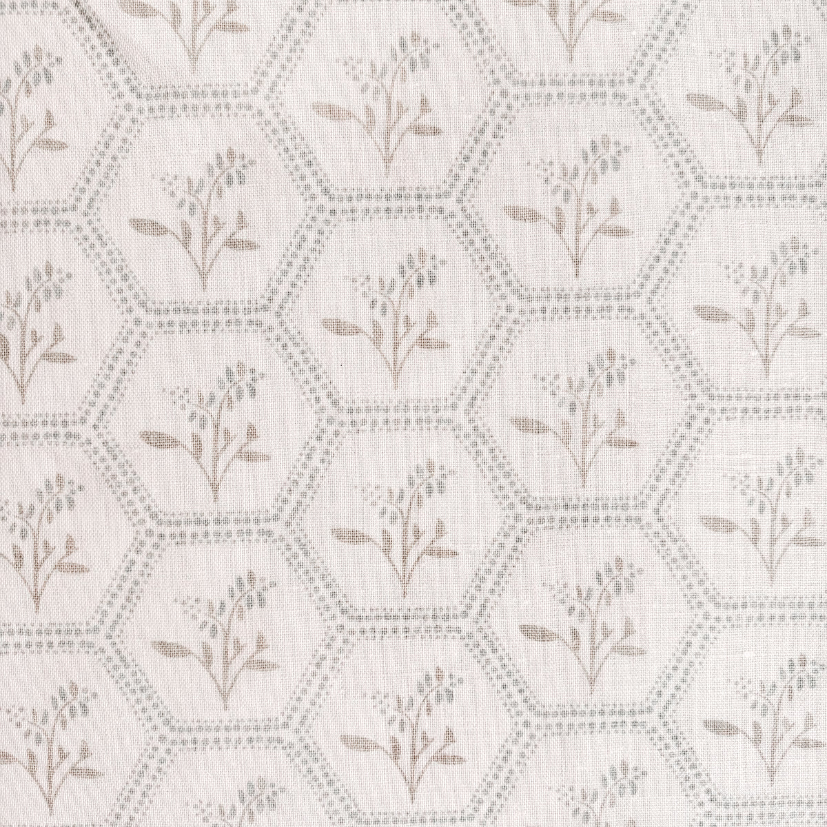 Greige Textiles Enid pattern from Collection 12 combining an elegant honeycomb design with delicate Astrantia flowers