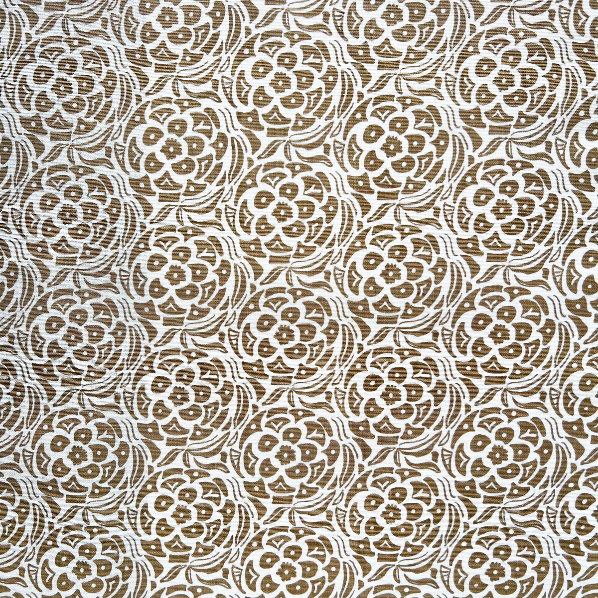 Hand-printed Belgian linen with the Ida botanical design — a refined, nature-inspired pattern by Greige Textiles. gold on oyster linen print for drapery, upholstery and pillows.