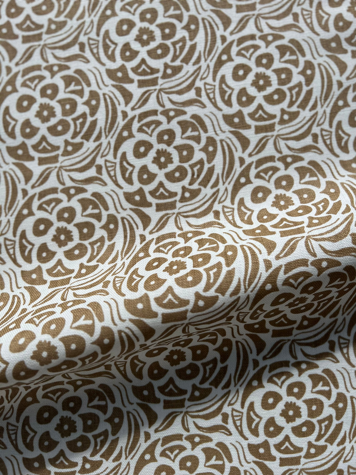 Hand-printed Belgian linen with the Ida botanical design — a refined, nature-inspired pattern by Greige Textiles. gold on oyster linen print for drapery, upholstery and pillows.