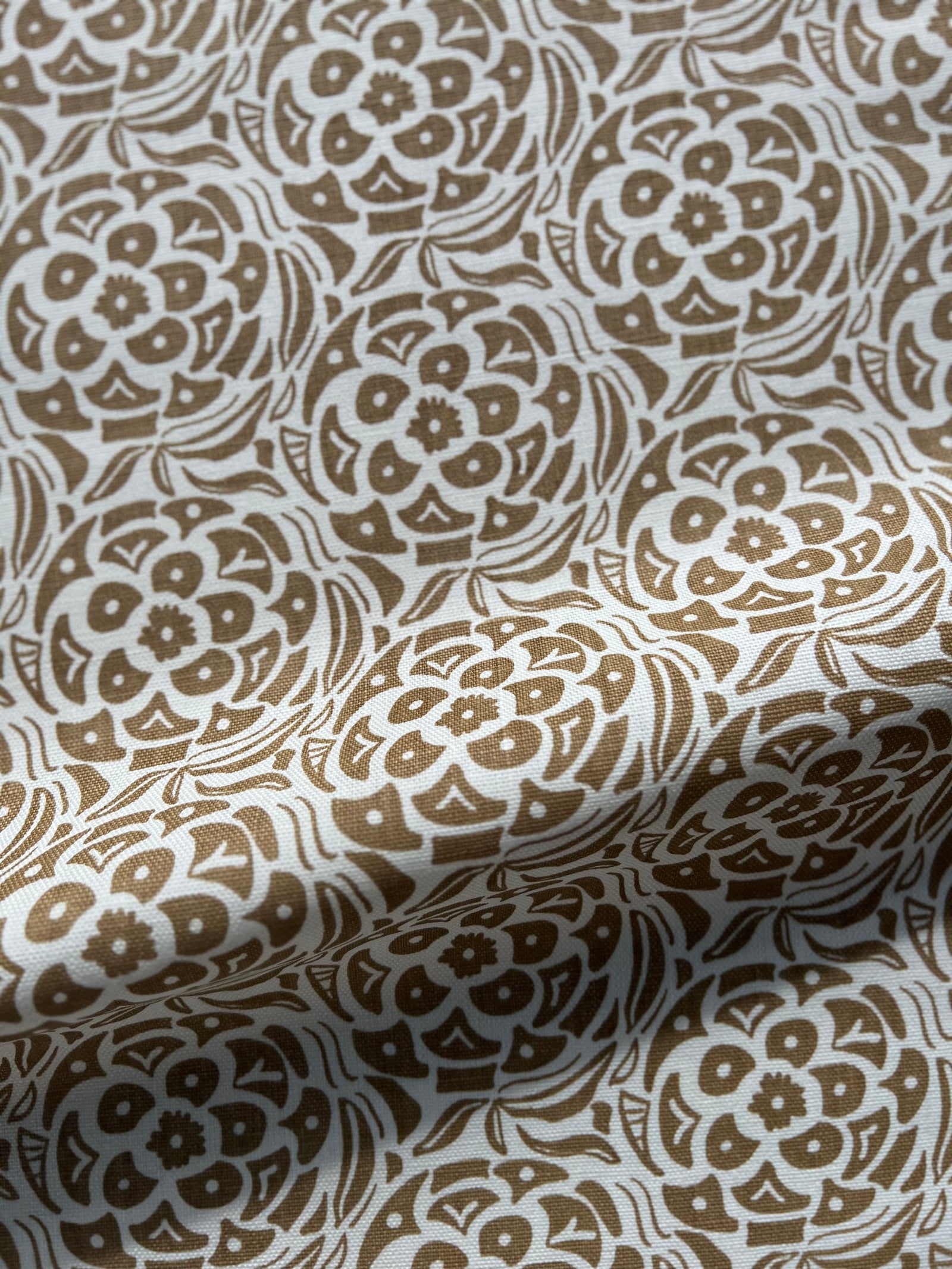 Hand-printed Belgian linen with the Ida botanical design — a refined, nature-inspired pattern by Greige Textiles. gold on oyster linen print for drapery, upholstery and pillows.