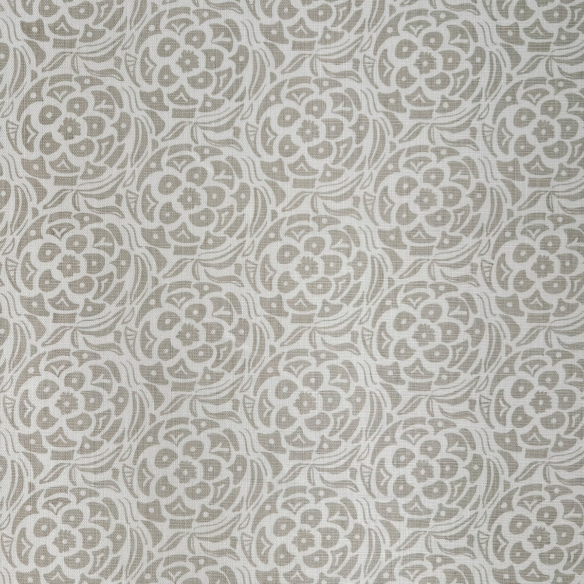 Ida pattern by Greige Textiles — micro-batch printed botanical fabric with delicate movement and timeless appeal. tan on Oyster linen