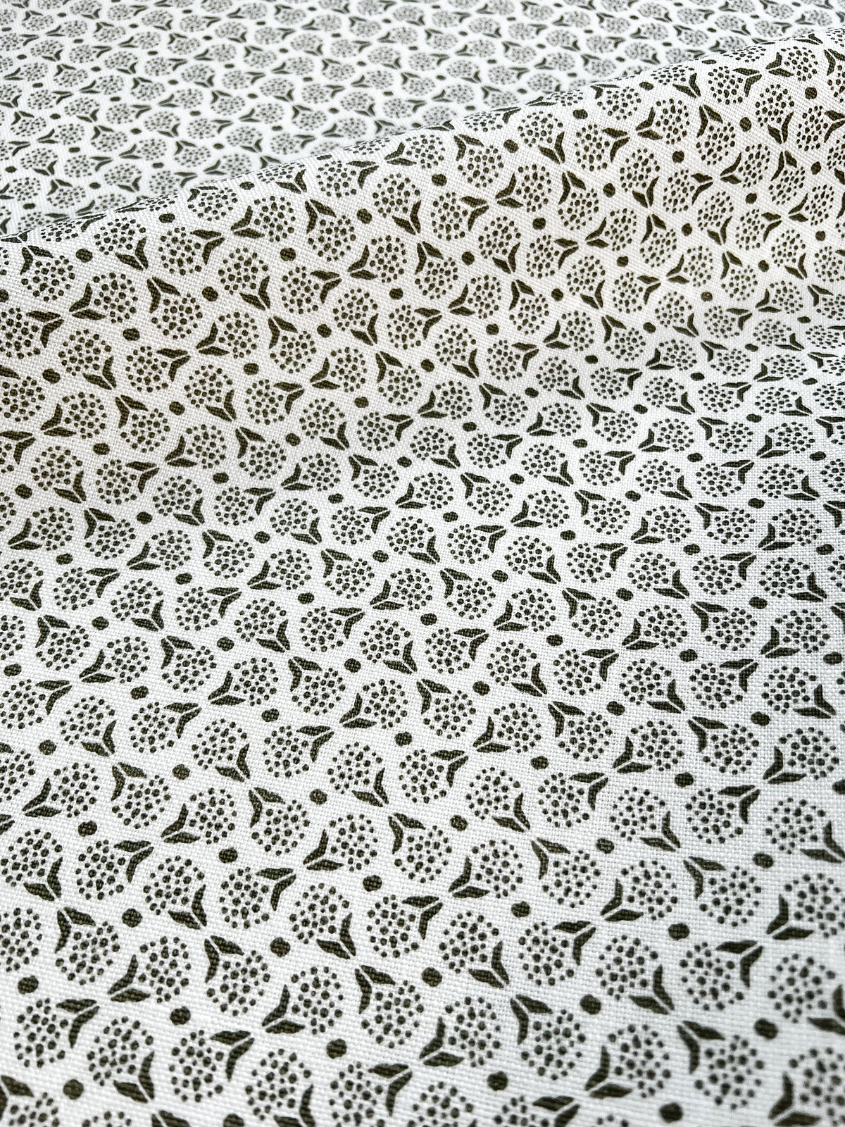 Floral dot pattern on linen—micro-batch printed for interior designers and design showroom olive green chintz print