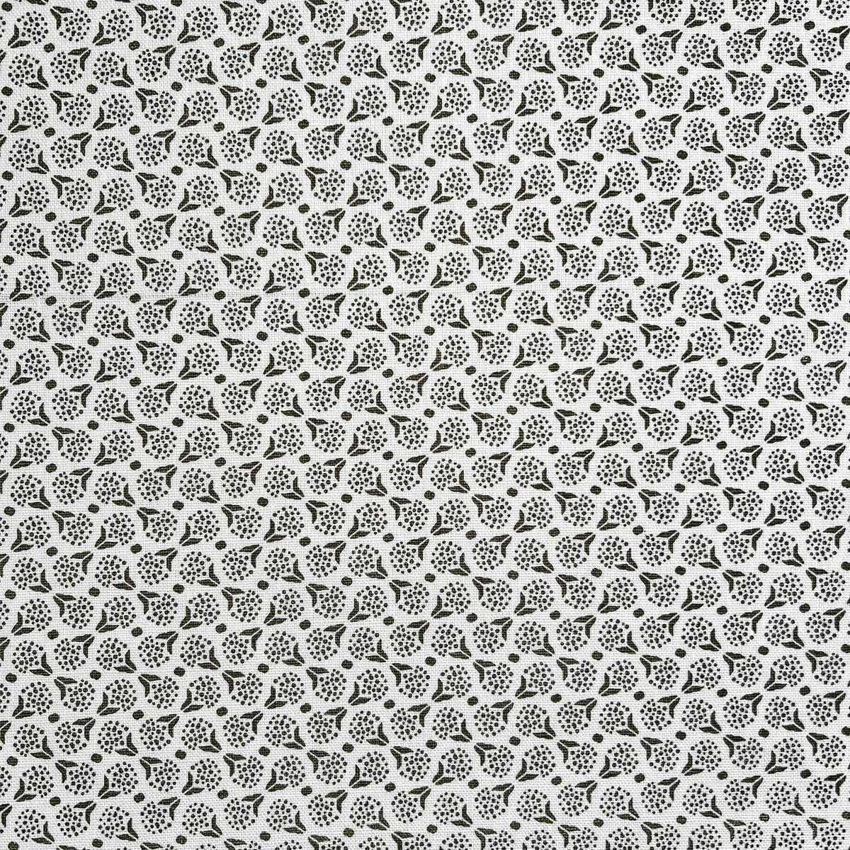 Floral dot pattern on greige linen—micro-batch printed for interior designers and design showroom geige textiles Olive green