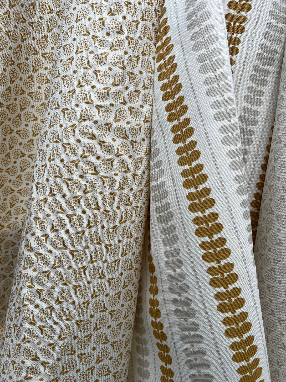 Botanical-inspired fabric in a soft floral dot motif, screen printed on artisanal linen for designer use greige textiles wheat yellow Botanical stripe