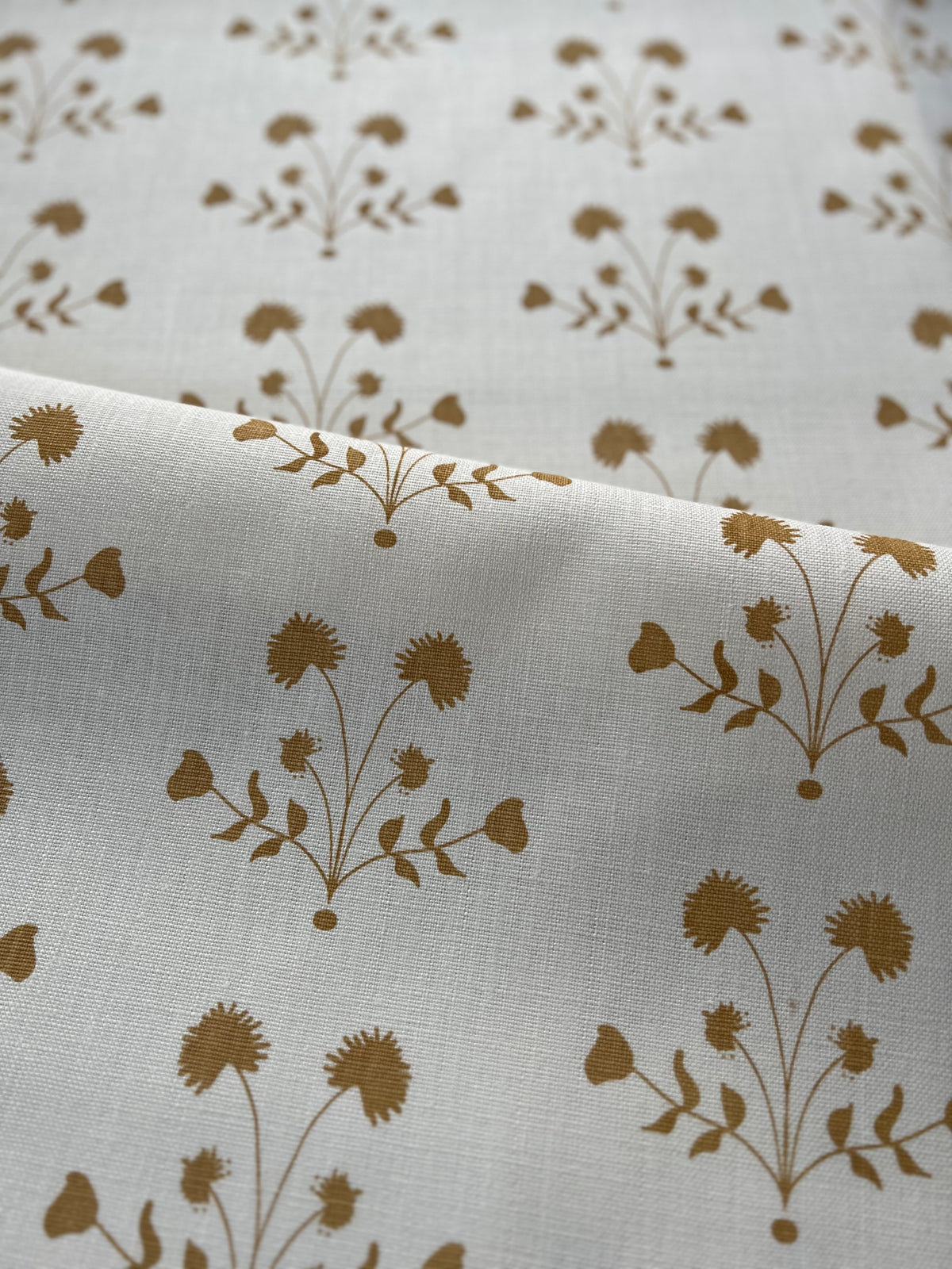 floral botanical pattern greige textiles hand printed textiles to the interior Design trade yellow and white holiday house