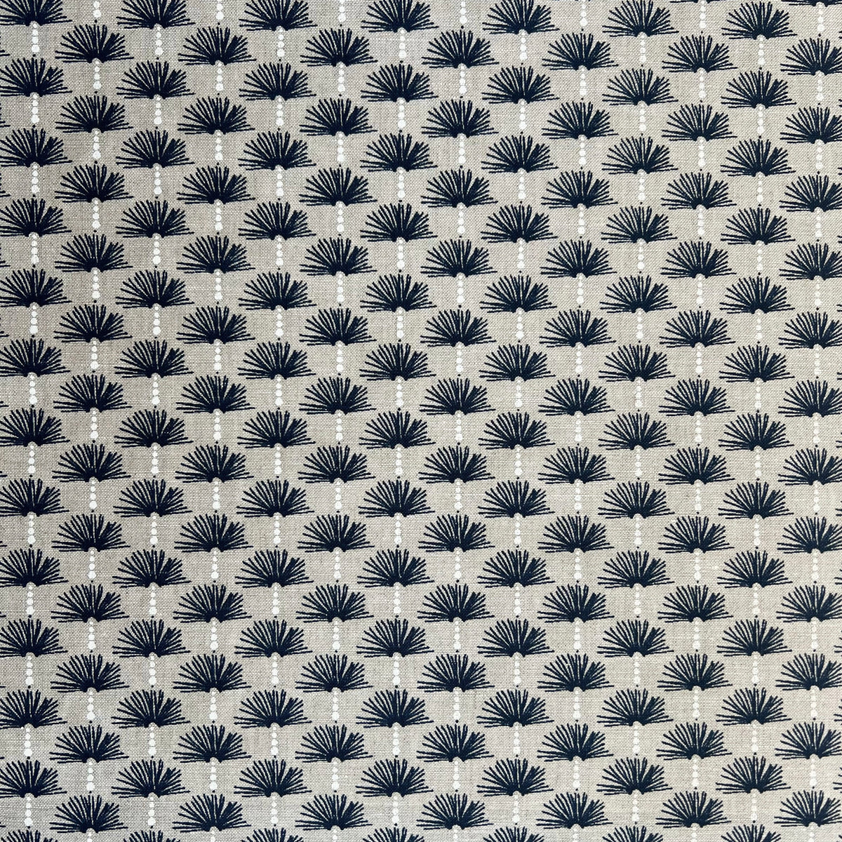 Dot pattern floral botanical pattern greige textiles hand printed textiles to the interior Design trade Nathalie Fabric Indigo and White on Oatmeal