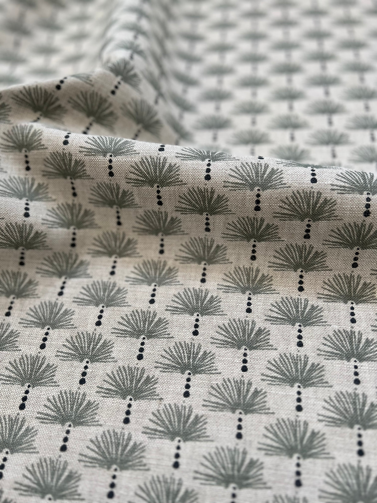 Nathalie Fabric Wedgewood and Midnight on Oatmeal Nathalie hand-printed linen by Greige Textiles – durable for light upholstery and structured surfaces.