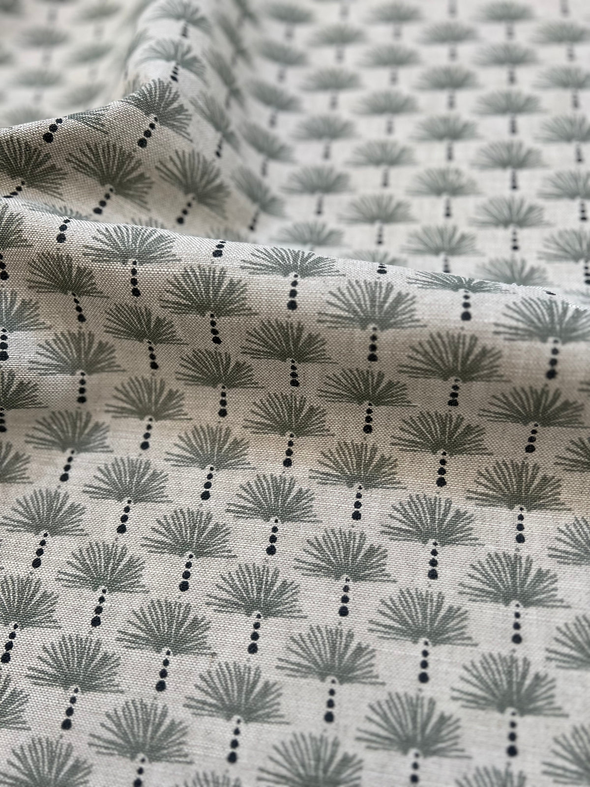 Nathalie Fabric Wedgewood and Midnight on Oatmeal Nathalie linen fabric for drapery by Greige Textiles – clean, arched pattern for custom window treatments