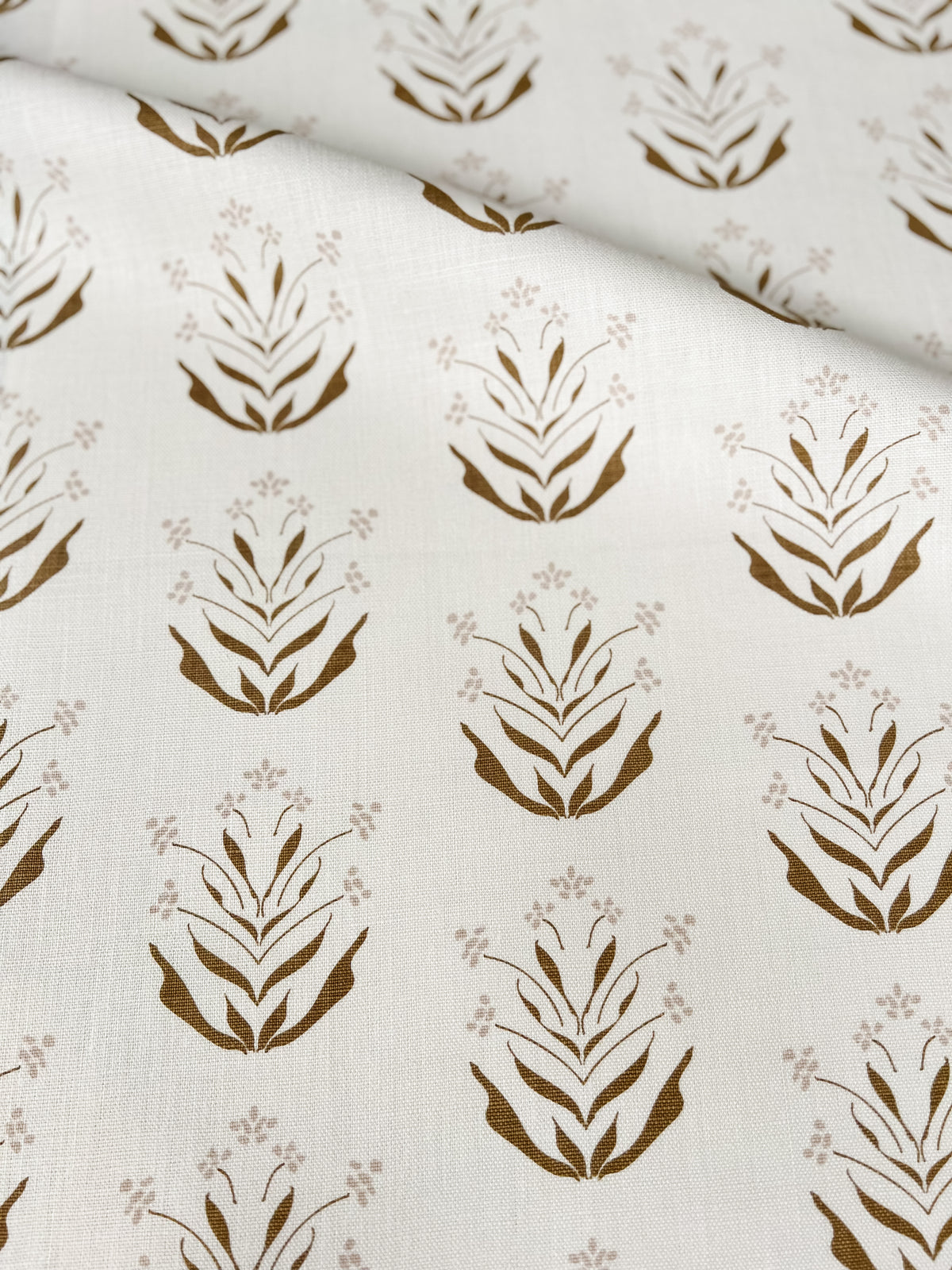 Paige by Greige Textiles – hand-printed fabric featuring delicate Zinnia-inspired design, ideal for organic modern interior design
