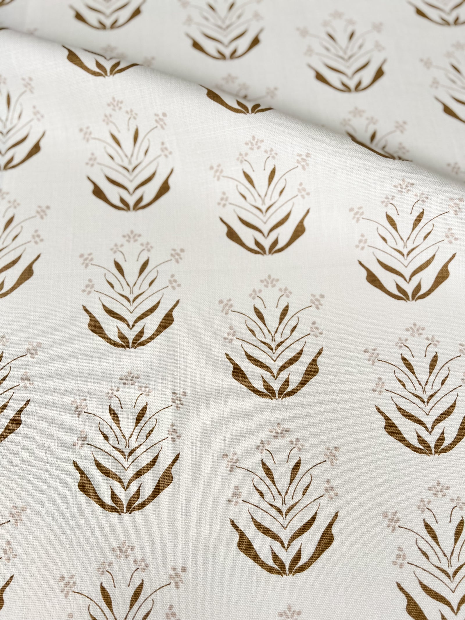 Paige by Greige Textiles – hand-printed fabric featuring delicate Zinnia-inspired design, ideal for organic modern interior design