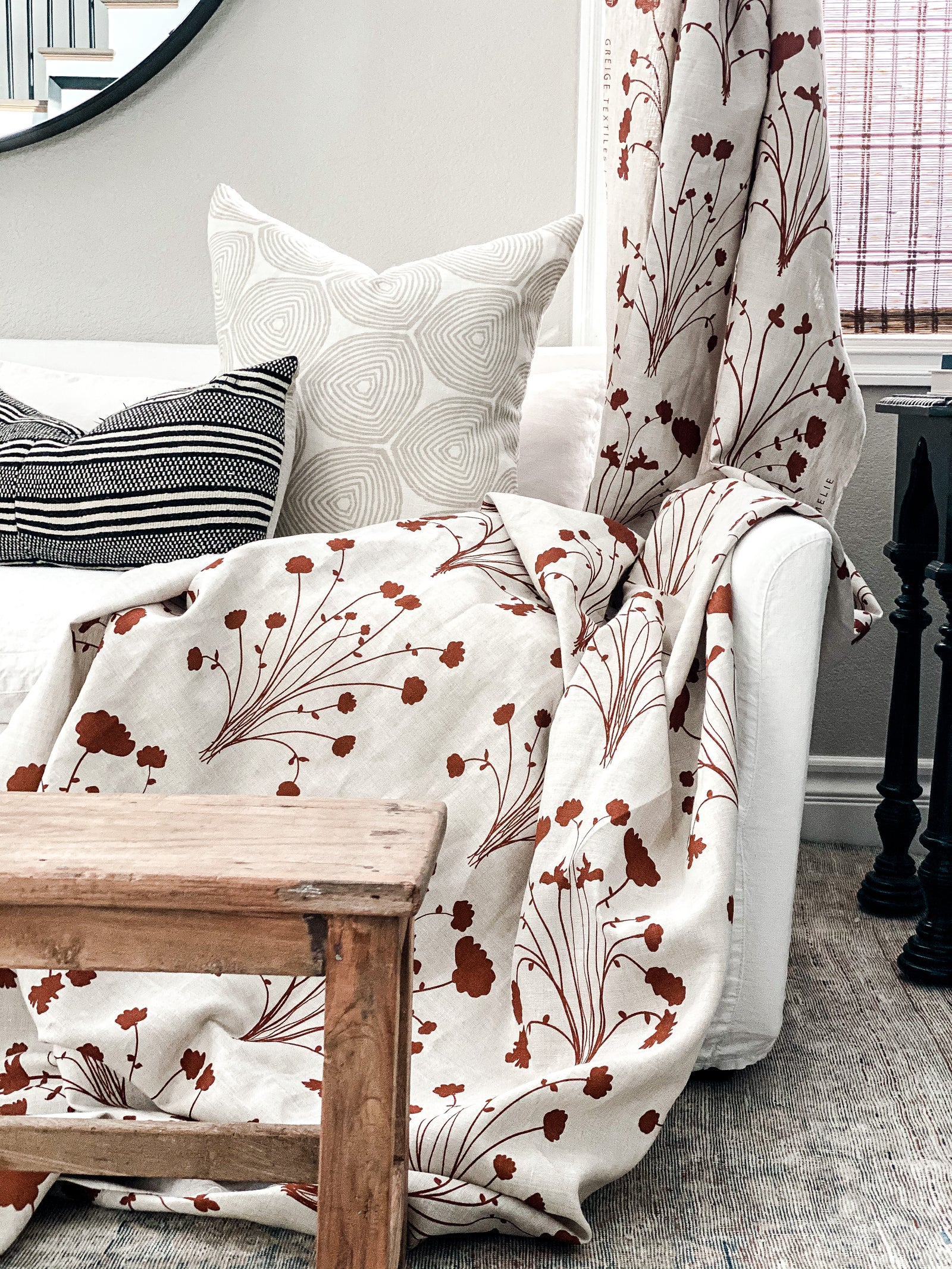 greige textiles Amelie burnt orange on Oatmeal belgian linen pillow Ward in Heron on Oyster hand screen printed in california interior design fabric to the trade