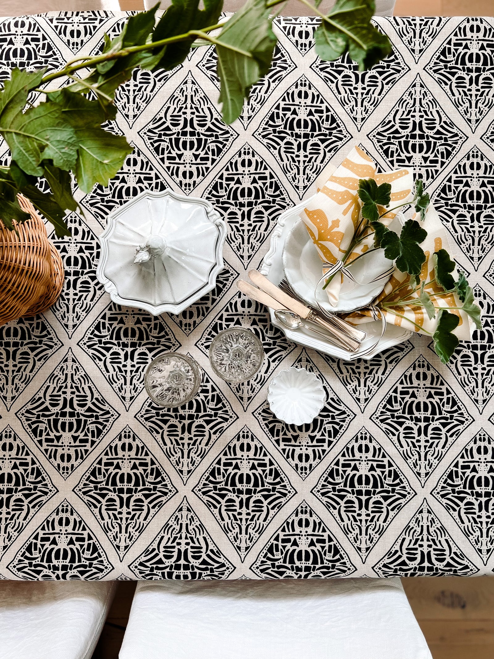 greige textiles rhodes pattern Midnight on Oatmeal hand printed in the USA on Belgian Linen