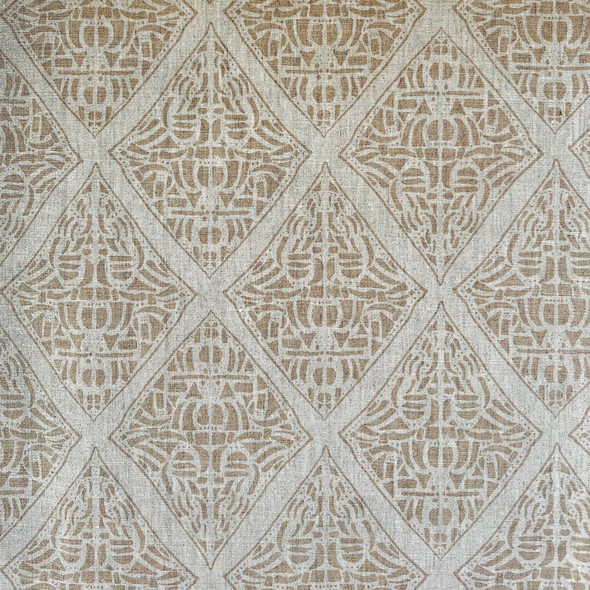 Greige Textiles Rhodes pattern—hand-printed textile inspired by the bold geometry of Polynesian artistry, perfect for curated interior design.