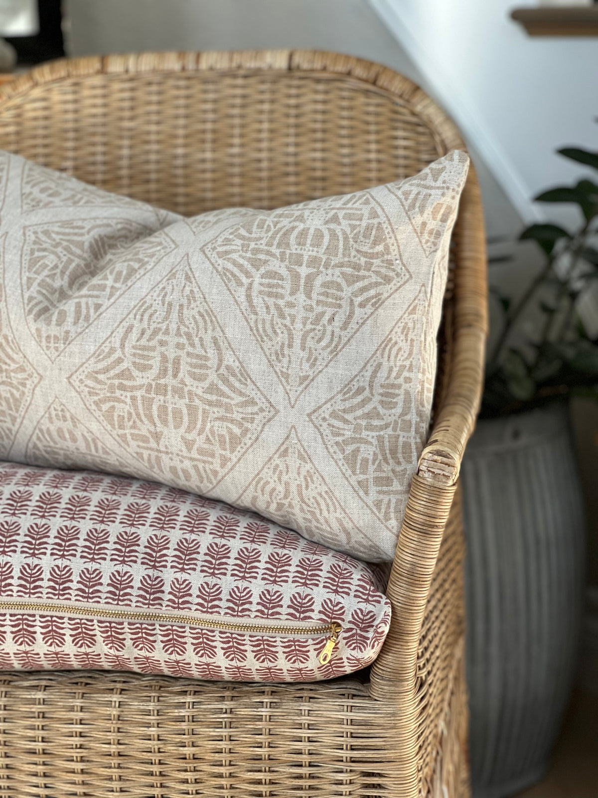 Greige Textiles Rhodes pattern—hand-printed textile inspired by the bold geometry of Polynesian artistry, perfect for curated interior design.