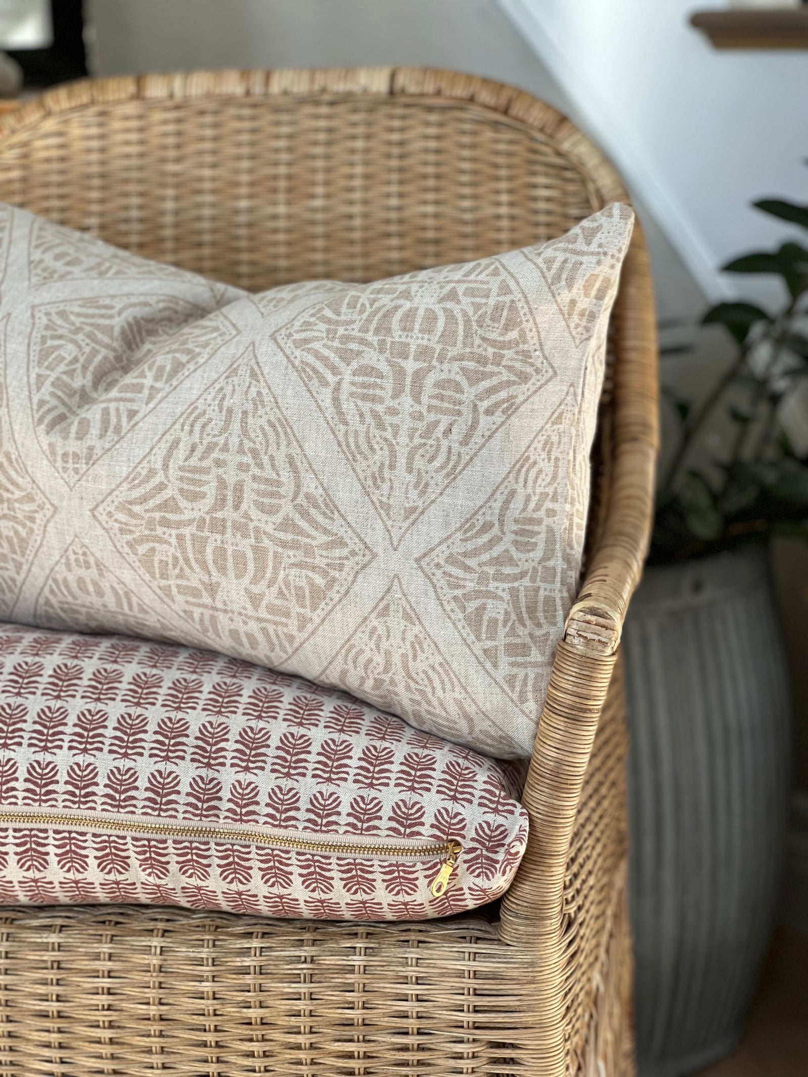 Greige Textiles Rhodes pattern—hand-printed textile inspired by the bold geometry of Polynesian artistry, perfect for curated interior design.
