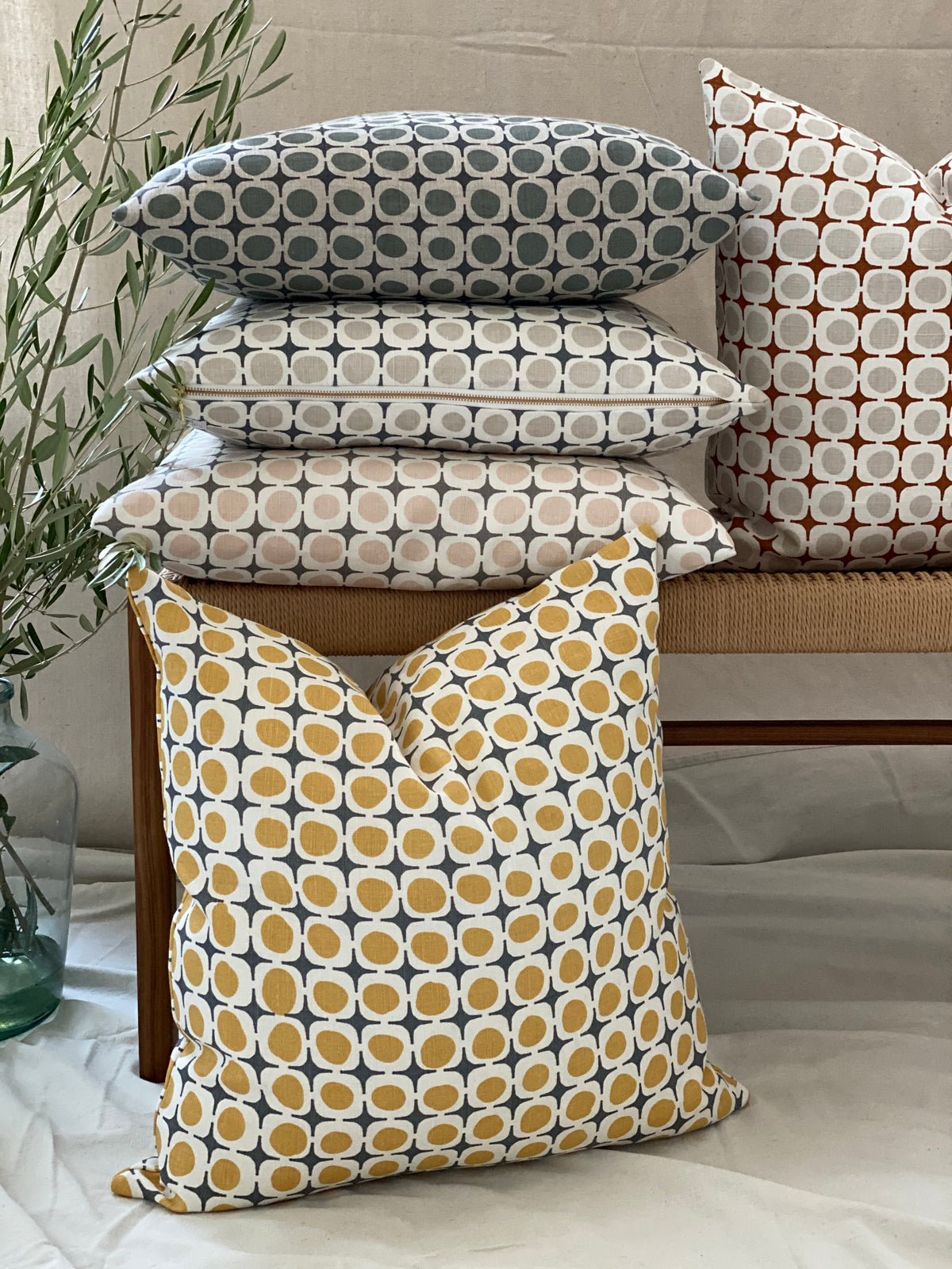 Avalon pattern — a screen printed linen textile with a structured yet organic form, inspired by shoreline piers and shifting coastal light.