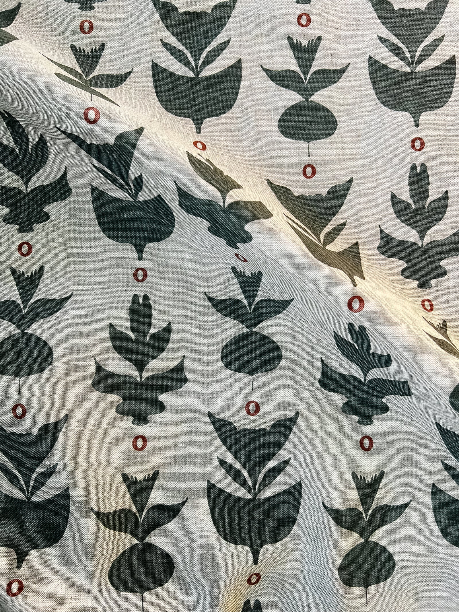 Dot, floral botanical pattern greige textiles hand printed textiles to the interior Design trade