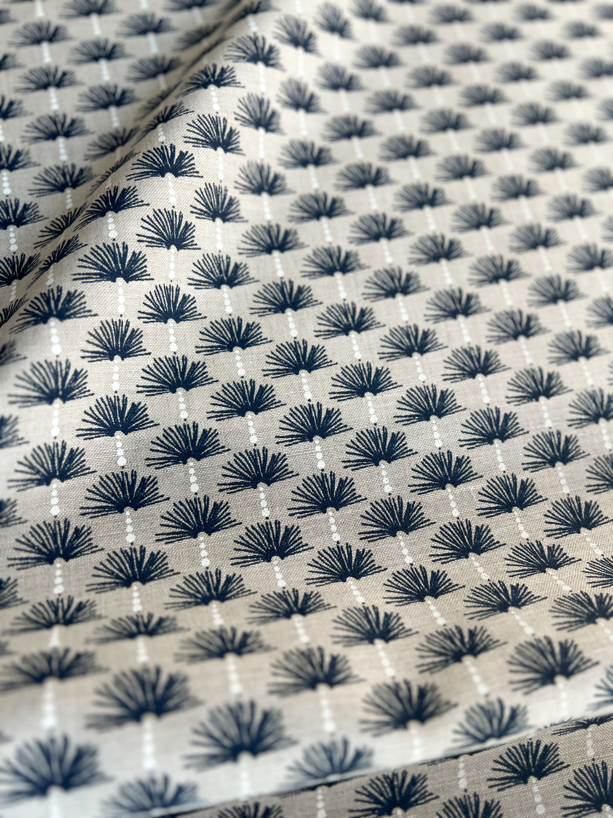 Dot pattern floral botanical pattern greige textiles hand printed textiles to the interior Design trade indigo and white blue and white Nathalie Fabric Indigo and White on Oatmeal