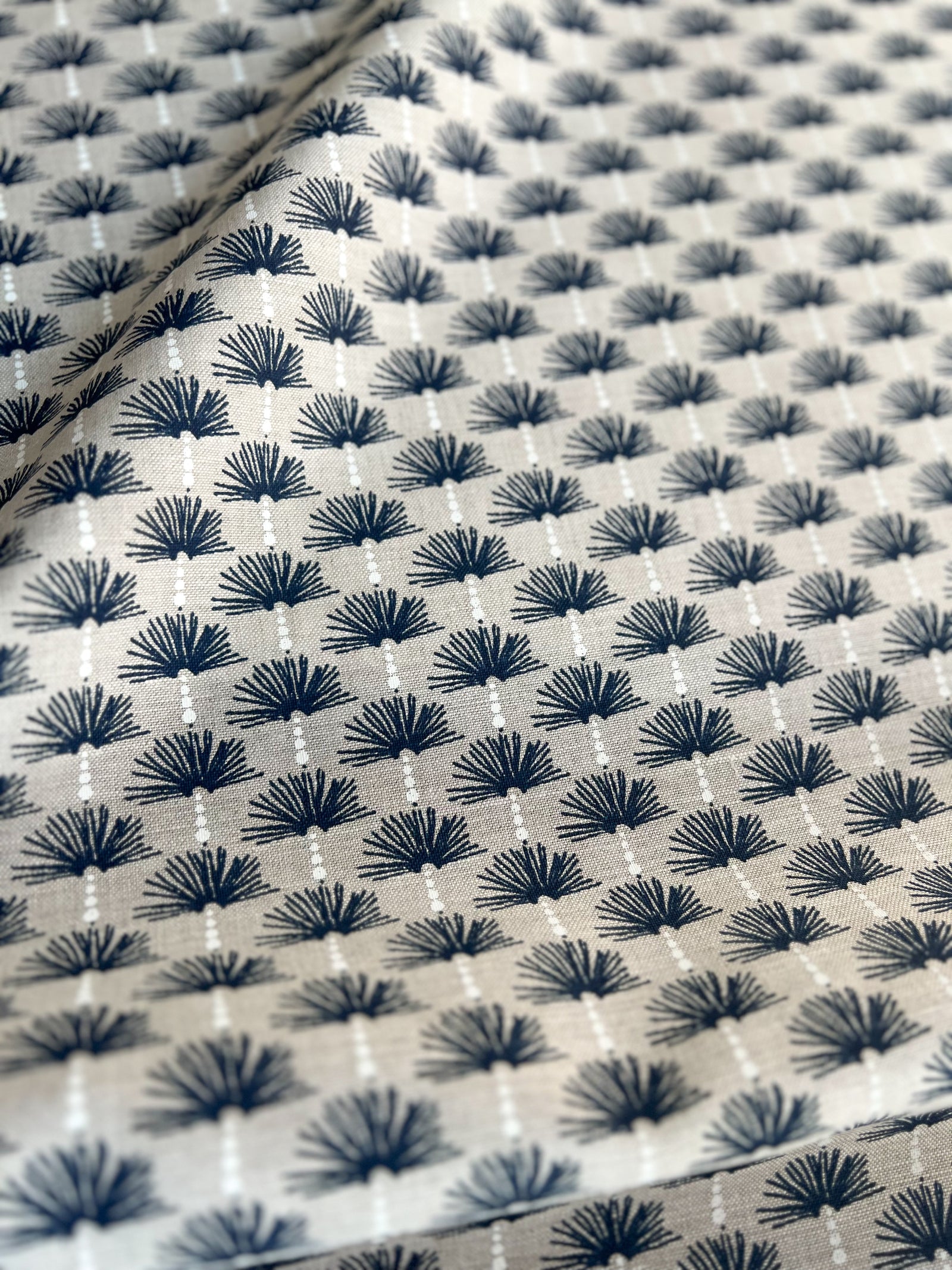 Dot pattern floral botanical pattern greige textiles hand printed textiles to the interior Design trade Nathalie Fabric Indigo and White on Oatmeal