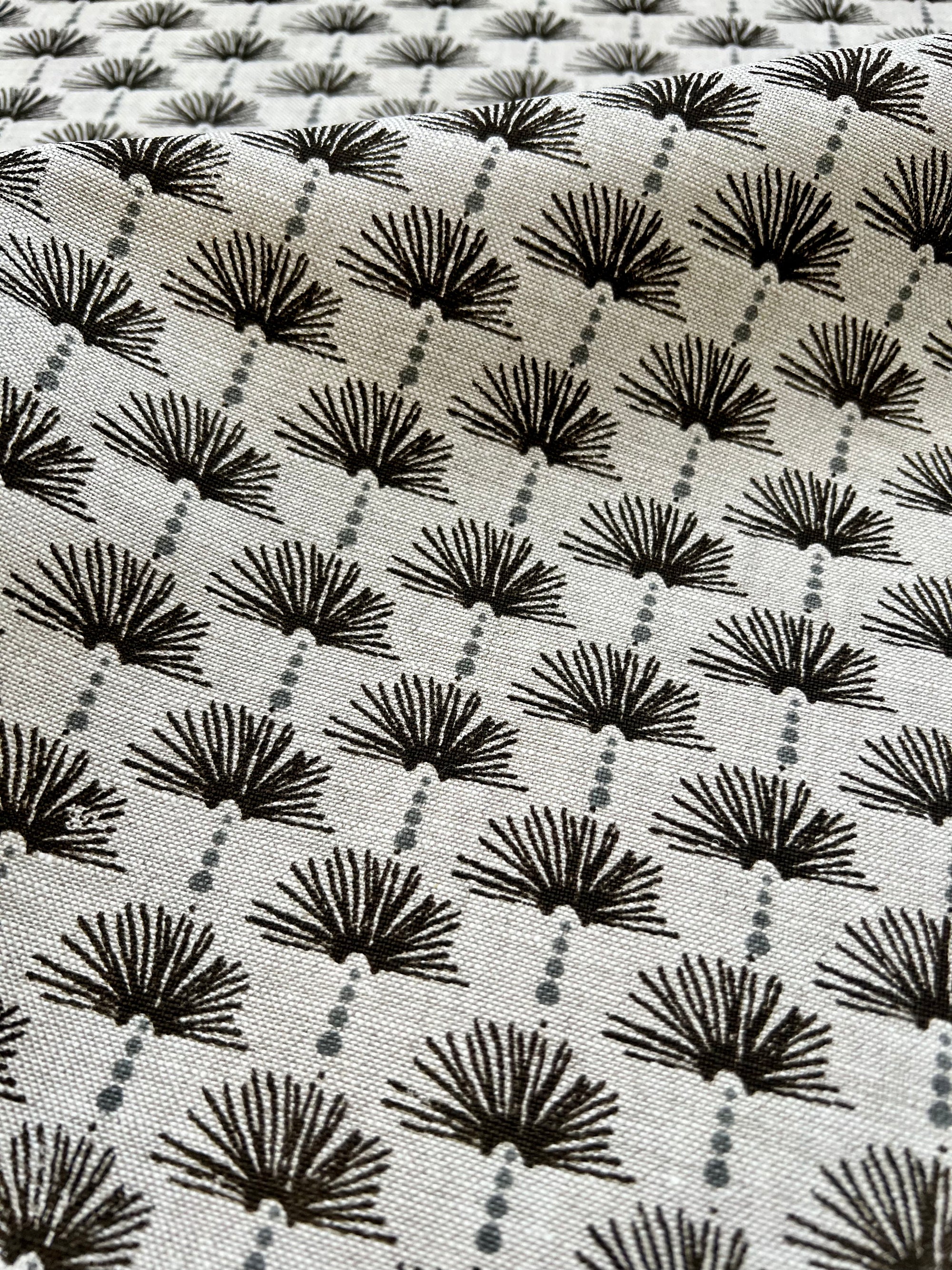 Nathalie Fabric Pepper and Azure on Oatmeal greige textiles Nathalie textile pattern – a gentle, Parisian-inspired design with historical detailing, perfect for custom drapery, upholstery, and soft furnishings