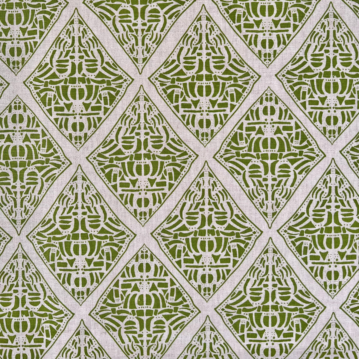 Greige Textiles Rhodes pattern—hand-printed textile inspired by the bold geometry of Polynesian artistry, perfect for curated interior design.