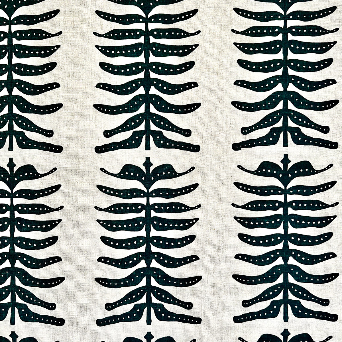 Greige Textiles Odette pattern—large-scale, hand-printed textile design inspired by oceanic kelp forests, perfect for dramatic drapery or statement upholstery.