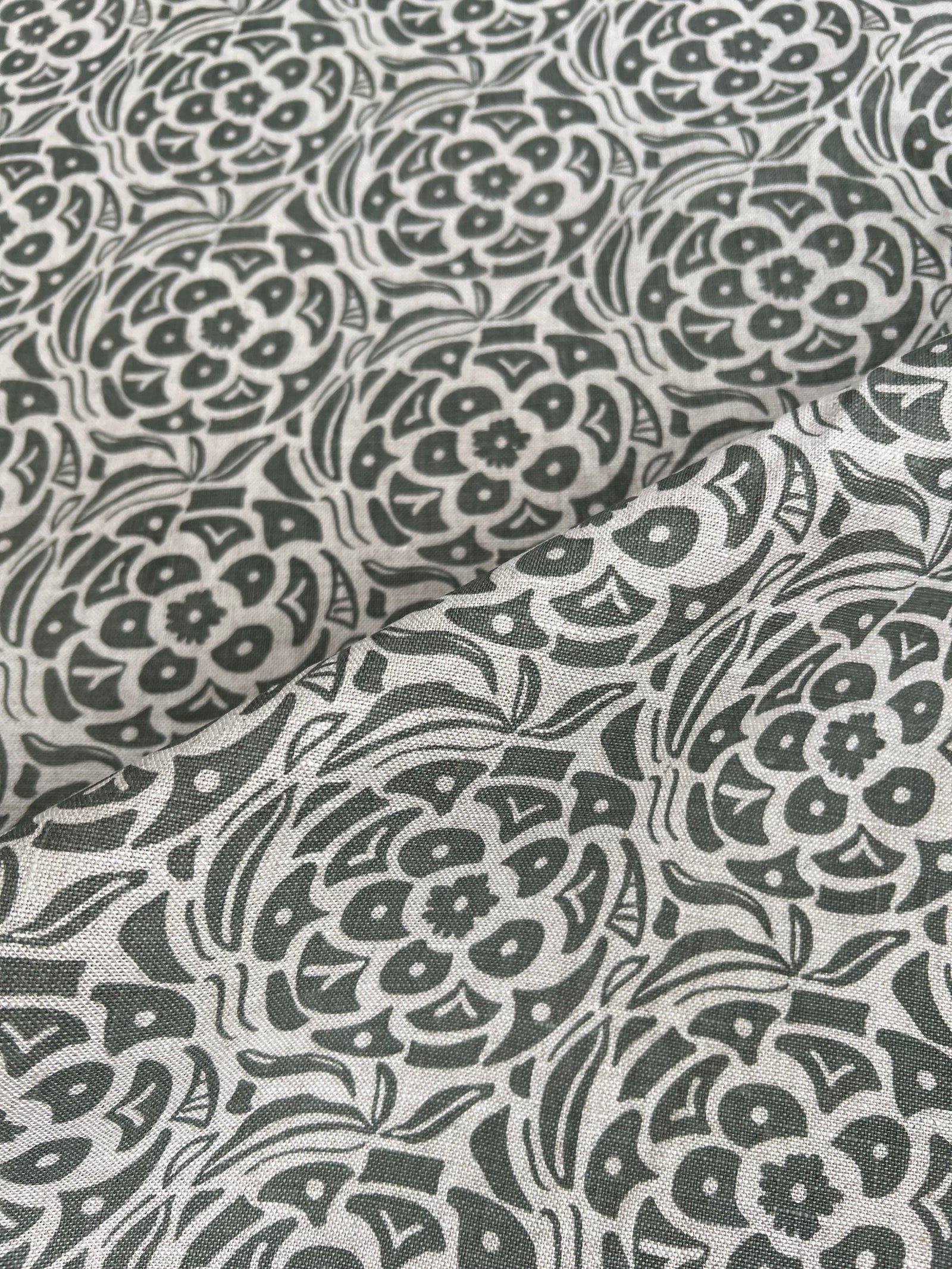 Greige Textiles’ Ida pattern — a hand-drawn botanical motif screen printed on 100% Belgian linen, designed for interior design professionals grey green natural linen