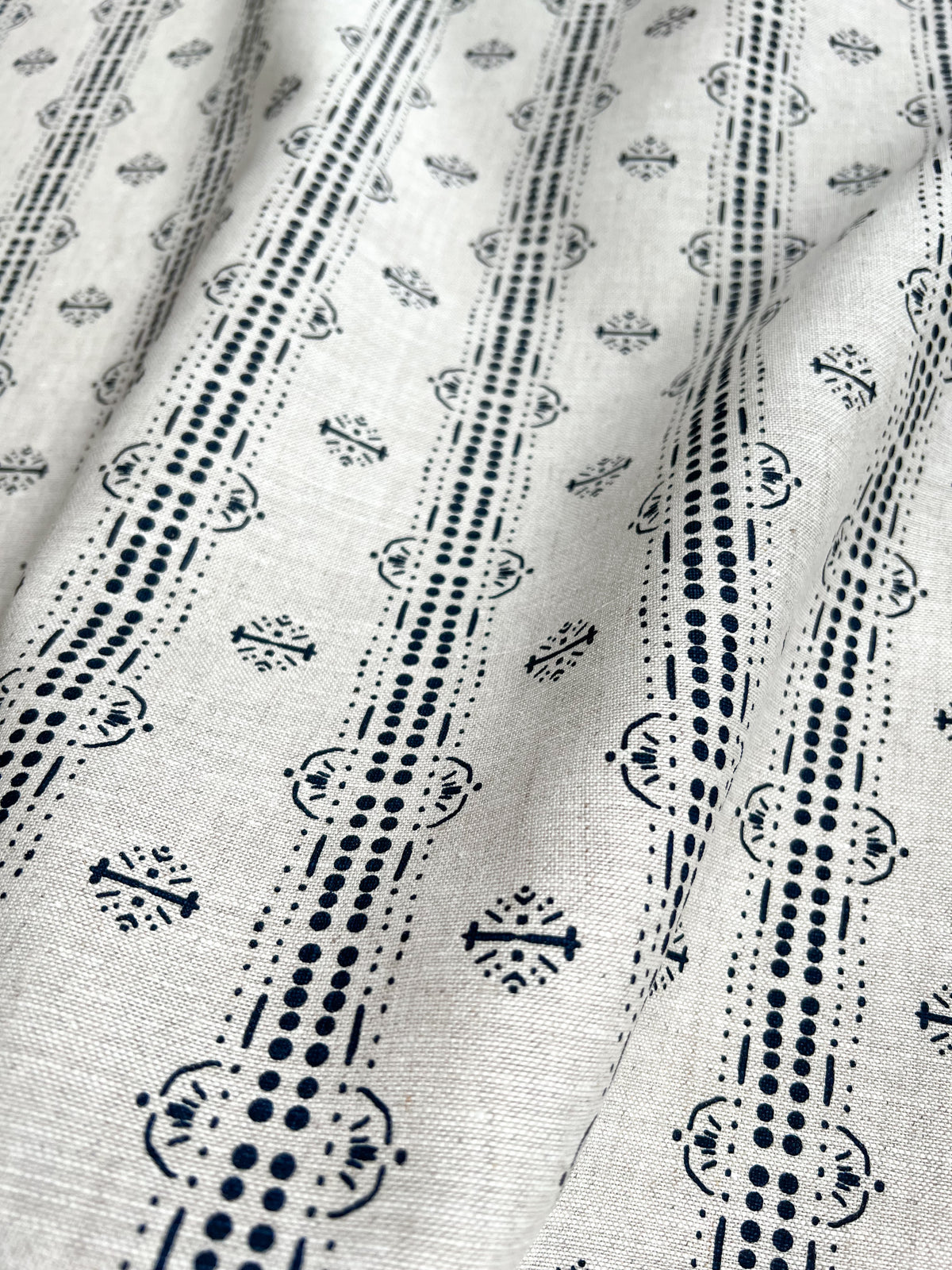 geometric, and dot pattern stripe greige textiles to the trade hand printed textiles Indigo and oatmeal linen fabric. Bring depth to your projects with Greige Textiles’ artisan-made fabrics and wallpapers.