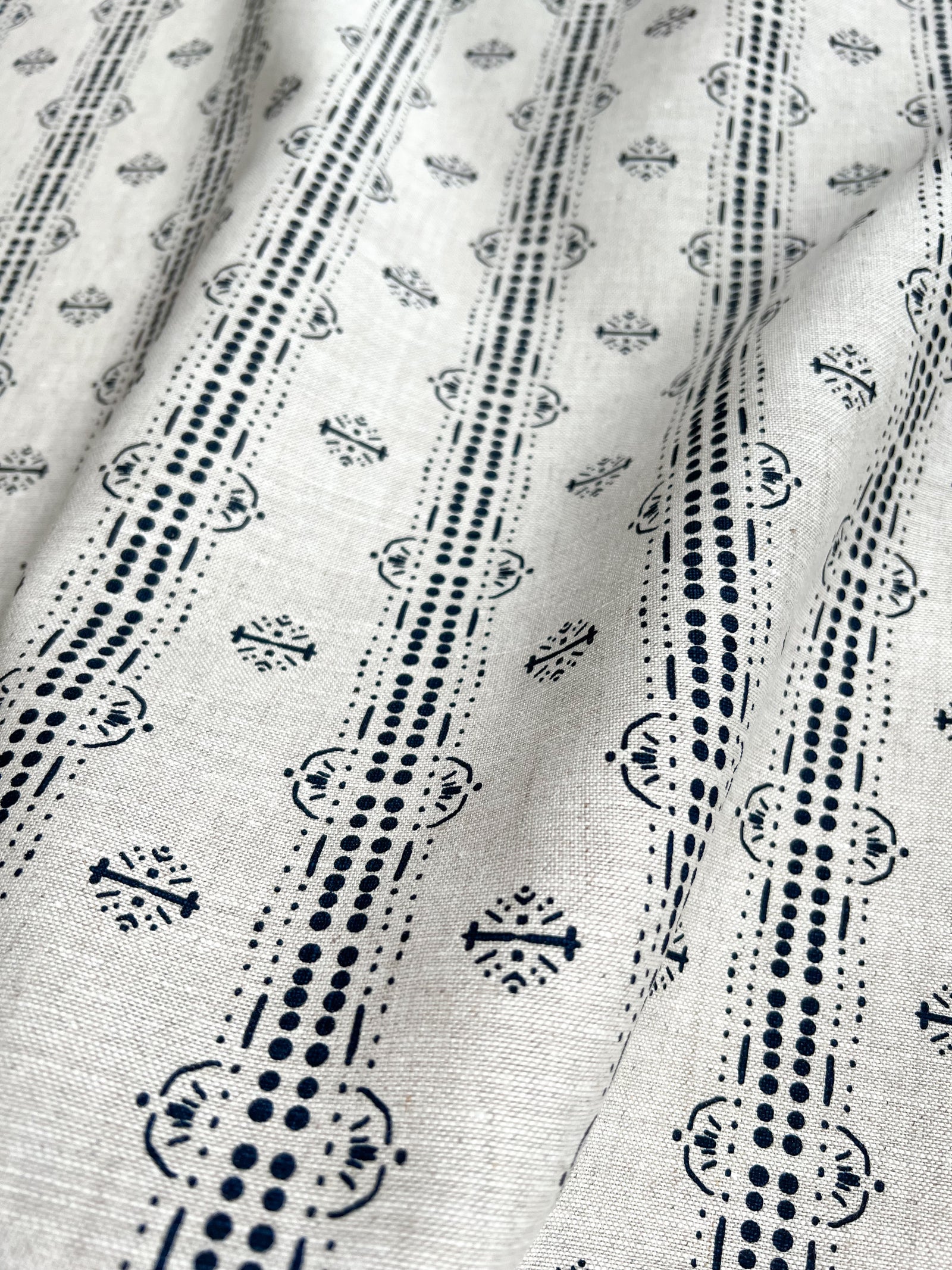 geometric, and dot pattern stripe greige textiles to the trade hand printed textiles Indigo and oatmeal linen fabric. Bring depth to your projects with Greige Textiles’ artisan-made fabrics and wallpapers.