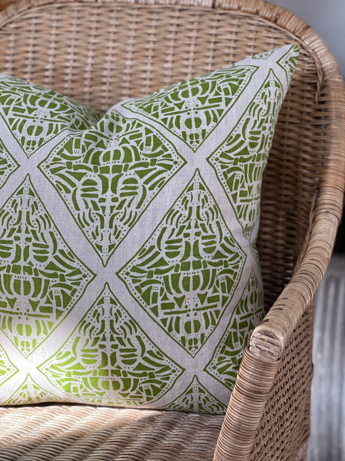 Greige Textiles Rhodes pattern—hand-printed textile inspired by the bold geometry of Polynesian artistry, perfect for curated interior design.