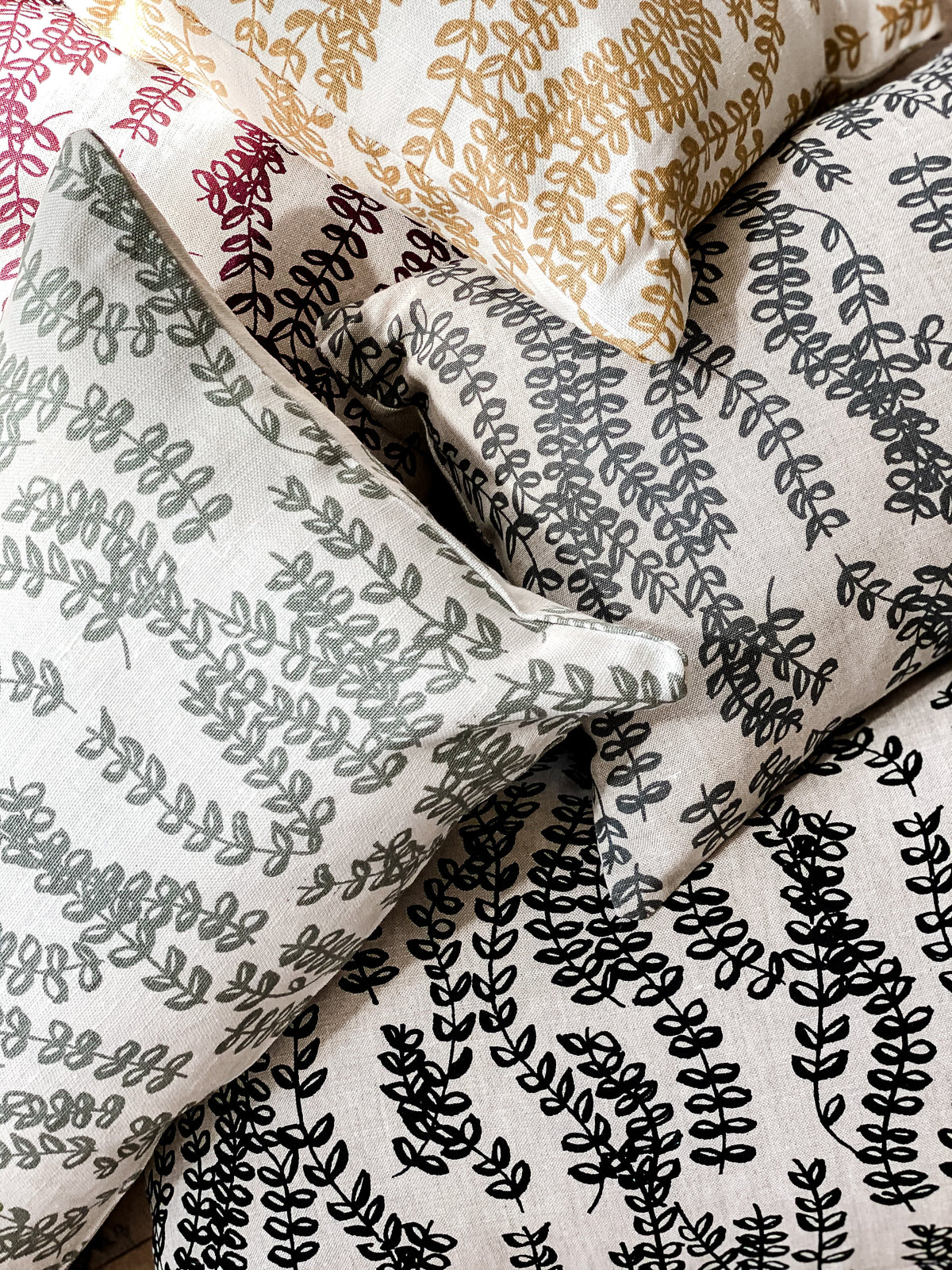 Antoinette trailing floral pattern by Greige Textiles — hand-printed on Belgian linen, inspired by generations of cultivated farmland and designed for the interior design trade.