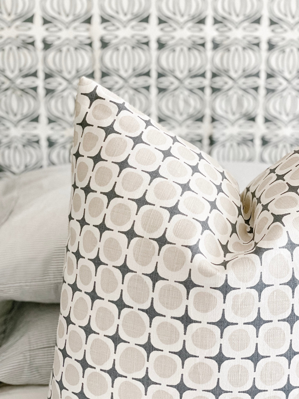 Avalon textile pattern by Greige Textiles — a geometric print inspired by the lines of Folly Beach Pier and the reflective light of high tide, screen printed on Belgian linen.