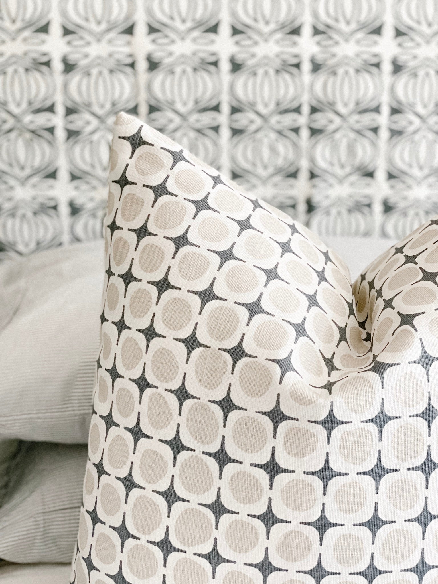 Avalon textile pattern by Greige Textiles — a geometric print inspired by the lines of Folly Beach Pier and the reflective light of high tide, screen printed on Belgian linen.