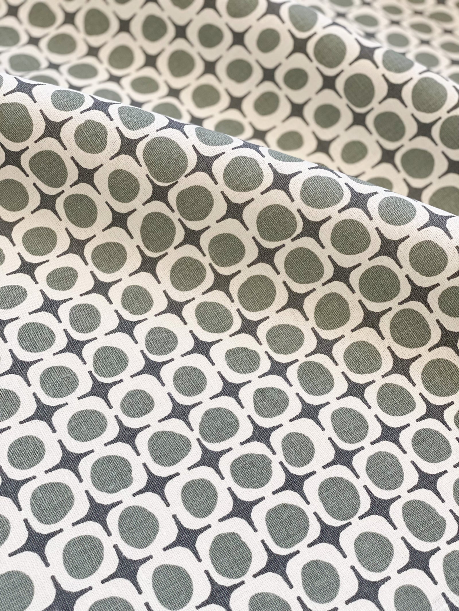 Avalon fabric — hand-printed geometric design with coastal inspiration, echoing architectural lines softened by nature.