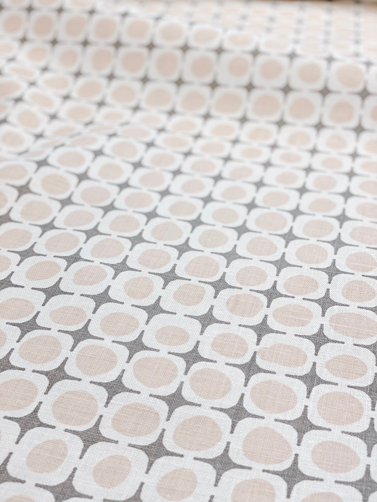 Avalon pattern — a screen printed linen textile with a structured yet organic form, inspired by shoreline piers and shifting coastal light.