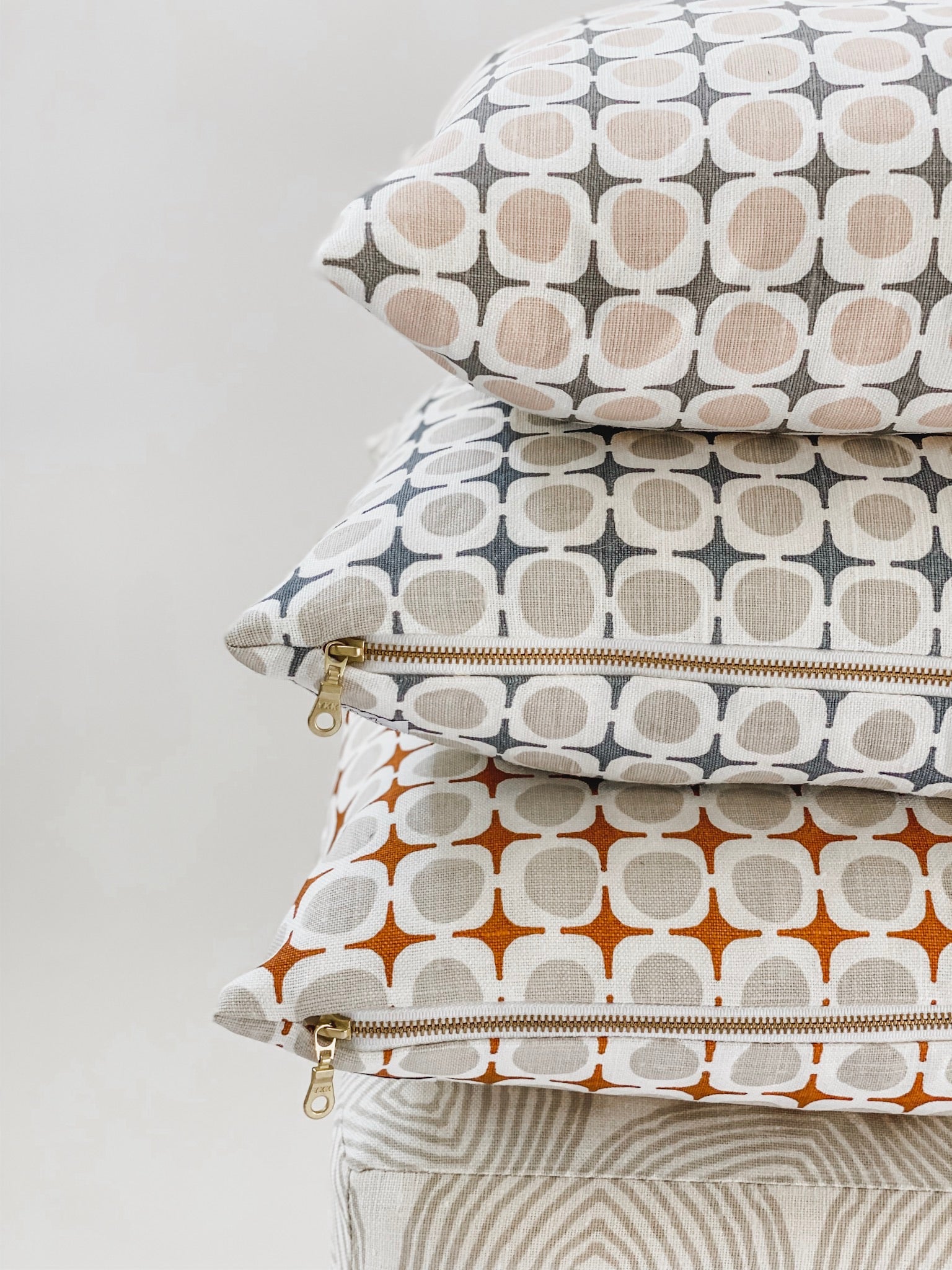 Avalon pattern — a screen printed linen textile with a structured yet organic form, inspired by shoreline piers and shifting coastal light.