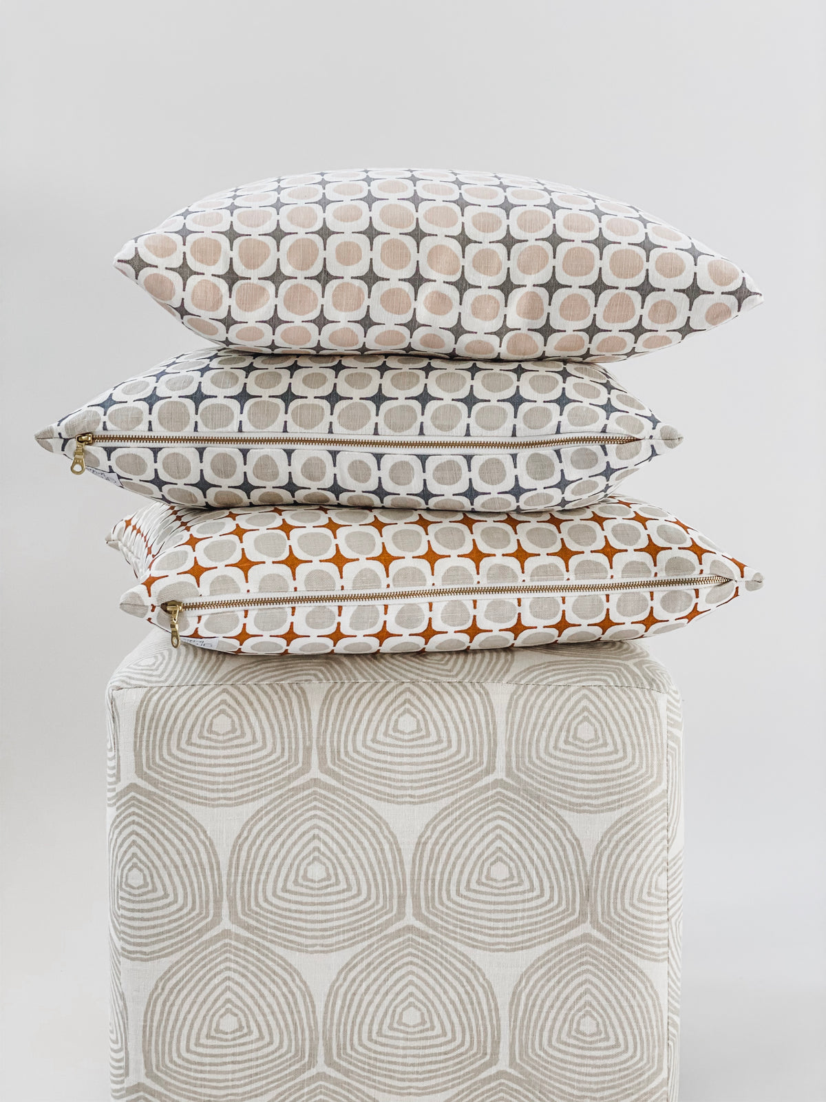 Avalon pattern — a screen printed linen textile with a structured yet organic form, inspired by shoreline piers and shifting coastal light.